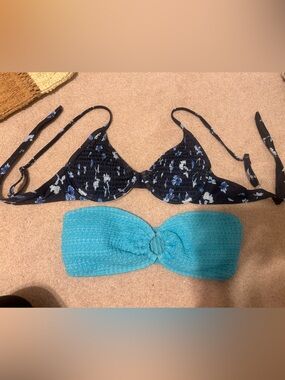 Floral Navy Bikini Top & Turquoise Bandeau Set SHEIN